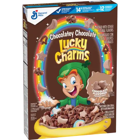 Lucky Charms Chocolatey Chocolate Cereal, frente del producto.