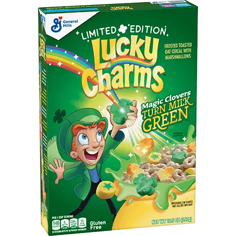 Limited edition Lucky Charms cereal, frente del producto.
