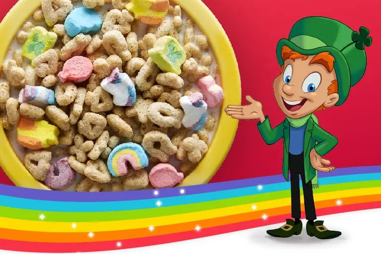 a bowl filled with milk and Lucky Charms™ cereal and marshmallows.