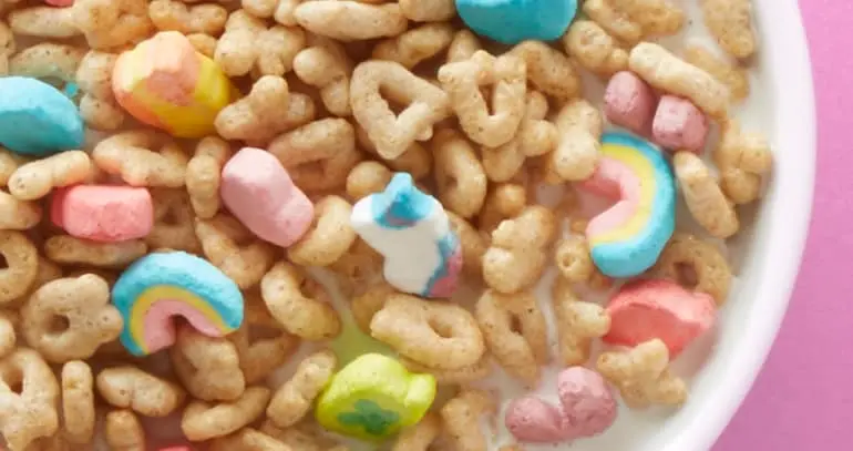 Bowl of original lucky charms mix.