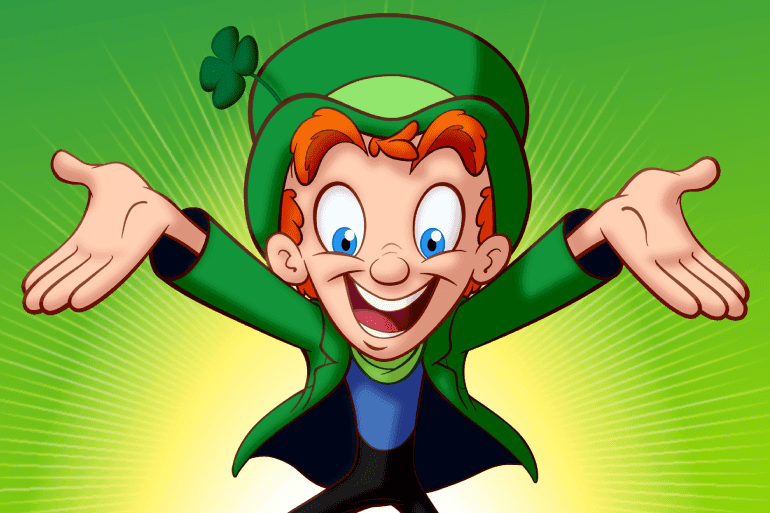 A smiling Lucky the Leprechaun bursting forward with his hands out.