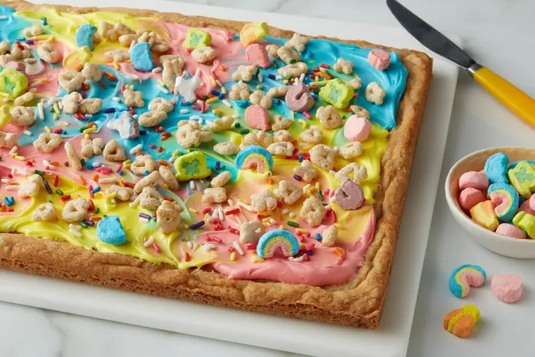 Unsliced Rainbow Frosted Cookie Bars topped with Lucky Charms™ cereal on a cutting board.