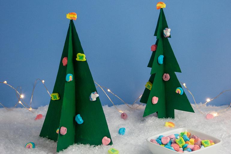 Paper trees painted green with Lucky Charms glued to them as frippery.