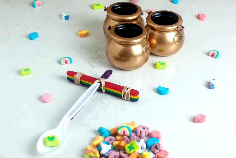 Pots of gold marshmallow pong activity full made and set up.