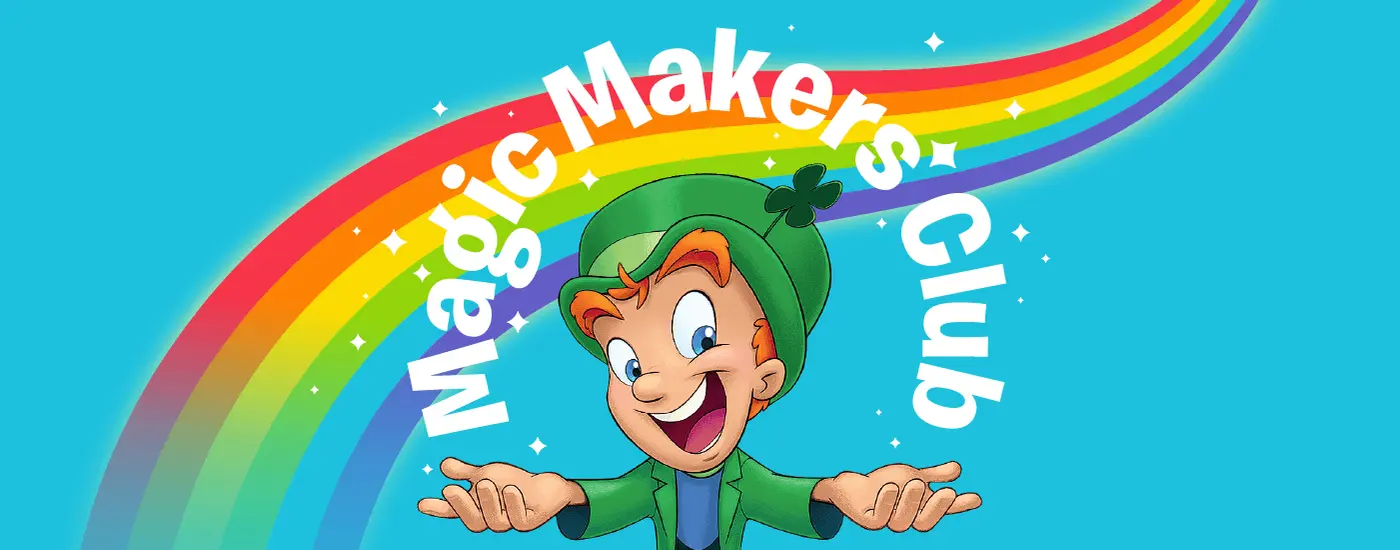 Lucky the Leprechaun with a happy face displaying Magic Maker's Club letters in front of rainbow.