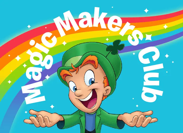 Lucky the Leprechaun with a happy face displaying Magic Maker's Club letters in front of rainbow.