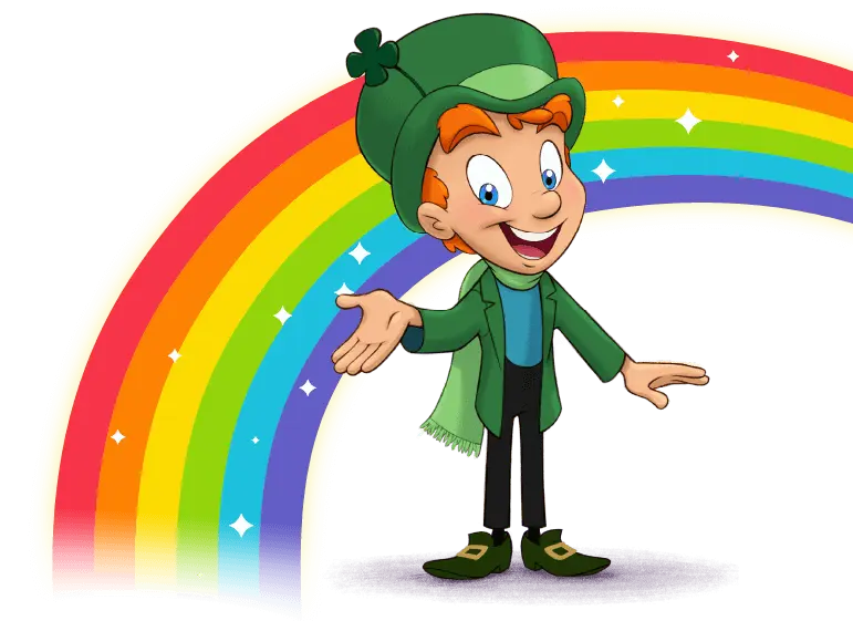 Lucky the Leprechaun with a happy face standing in front of a rainbow against a white background.