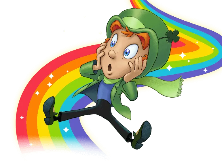 A shocked Lucky the Leprechaun on a rainbow.